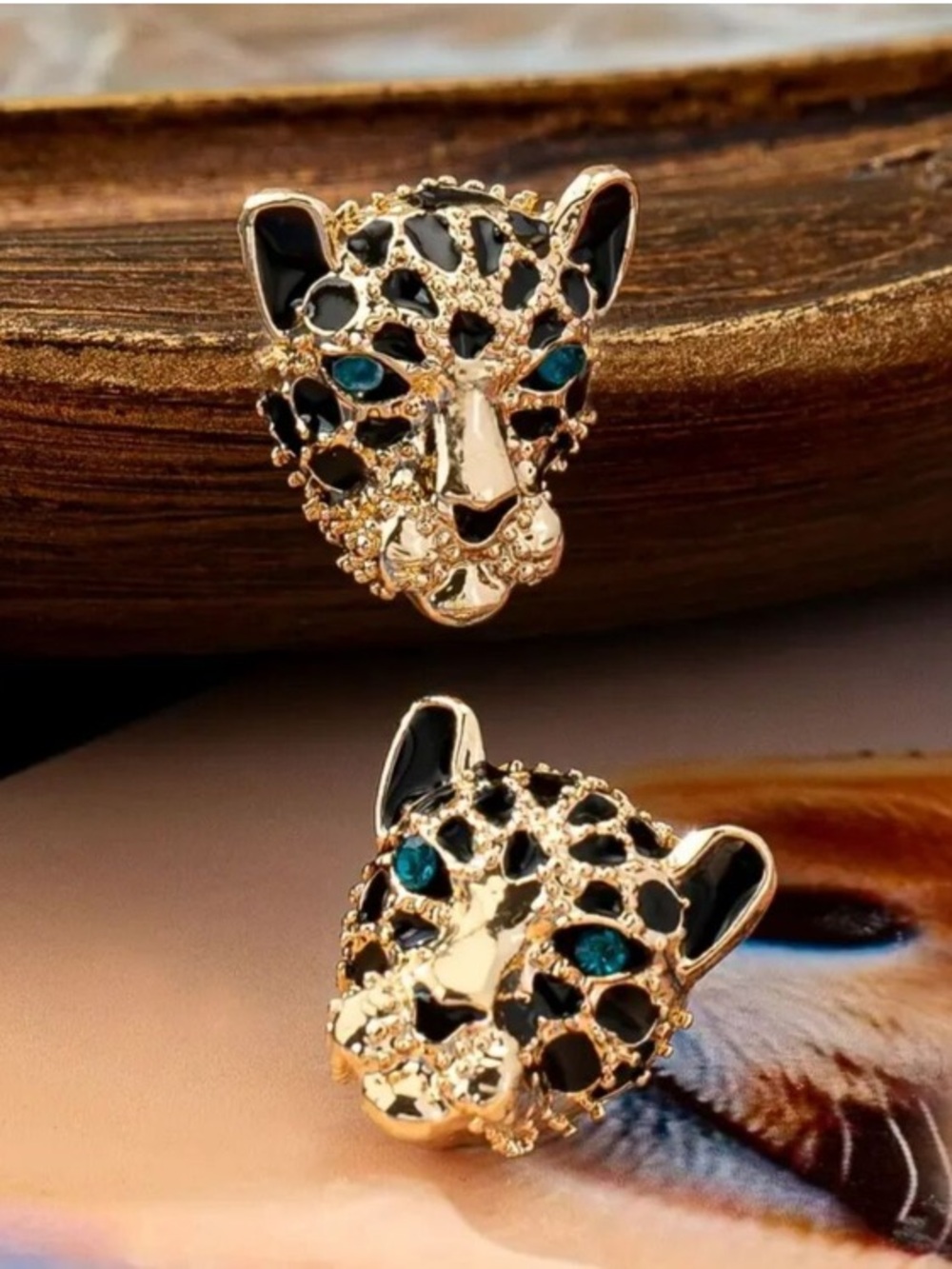 Gold-Tone Leopard Head Stud Earrings with Black and Teal Accents